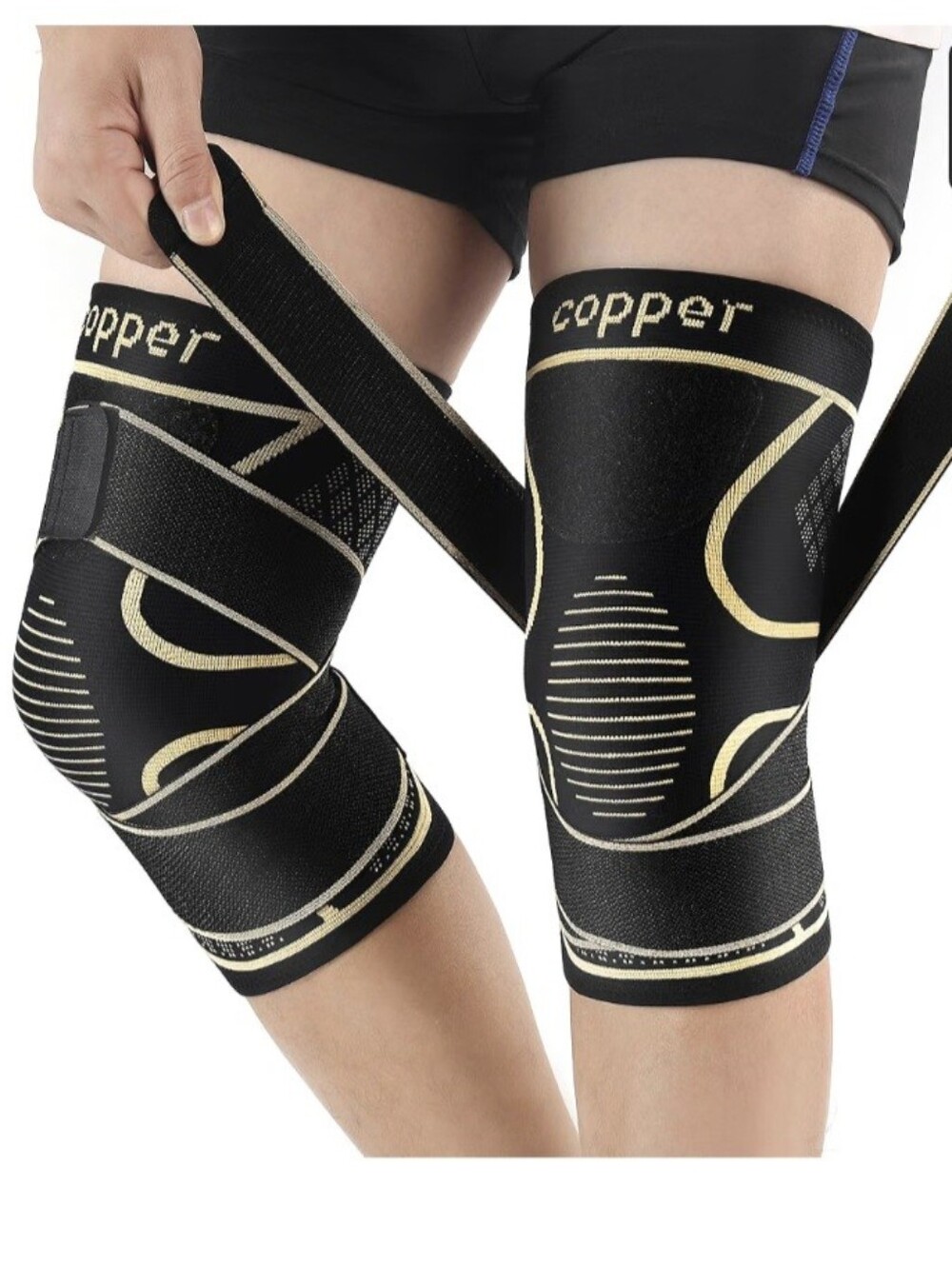 1 Pair Copper Knee Compression Sleeves in Black & Gold Xl